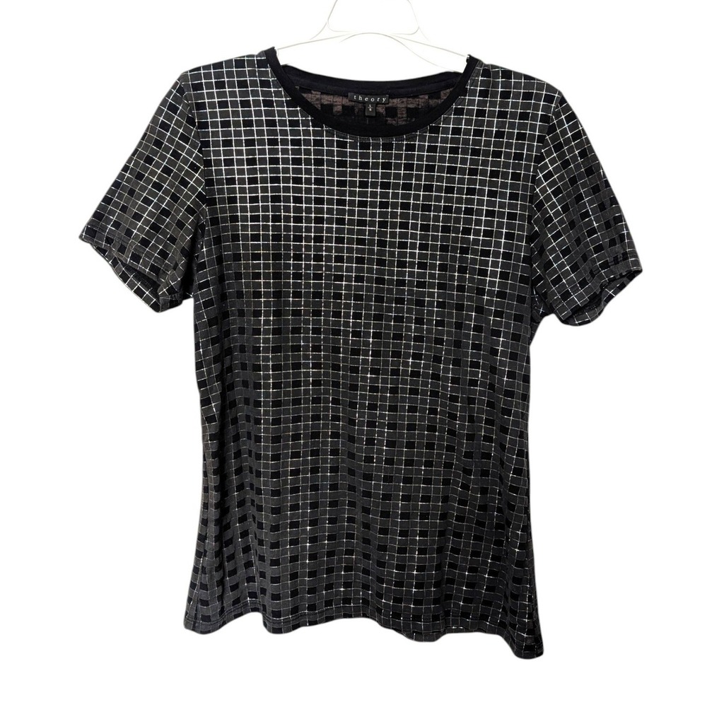 Theory Womens Black Grey Grid Metallic Silver Windowpane Cotton T-Shirt Size L